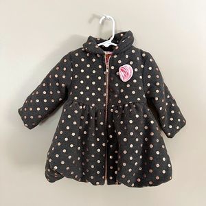 Adorable Rose Gold Grey Polka Dot Coat Pleated Bubble Hem Matching Hat Set NWOT
